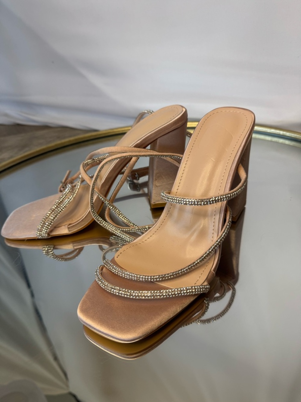 Rhinestone Strappy Block Heel Sandals - Nude